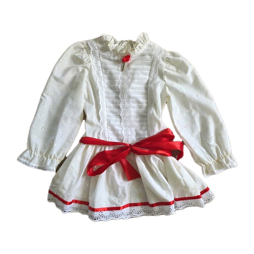Vintage White Floral Peasant Dress Girls 4 Long Sleeve Red Roses 90s Communion